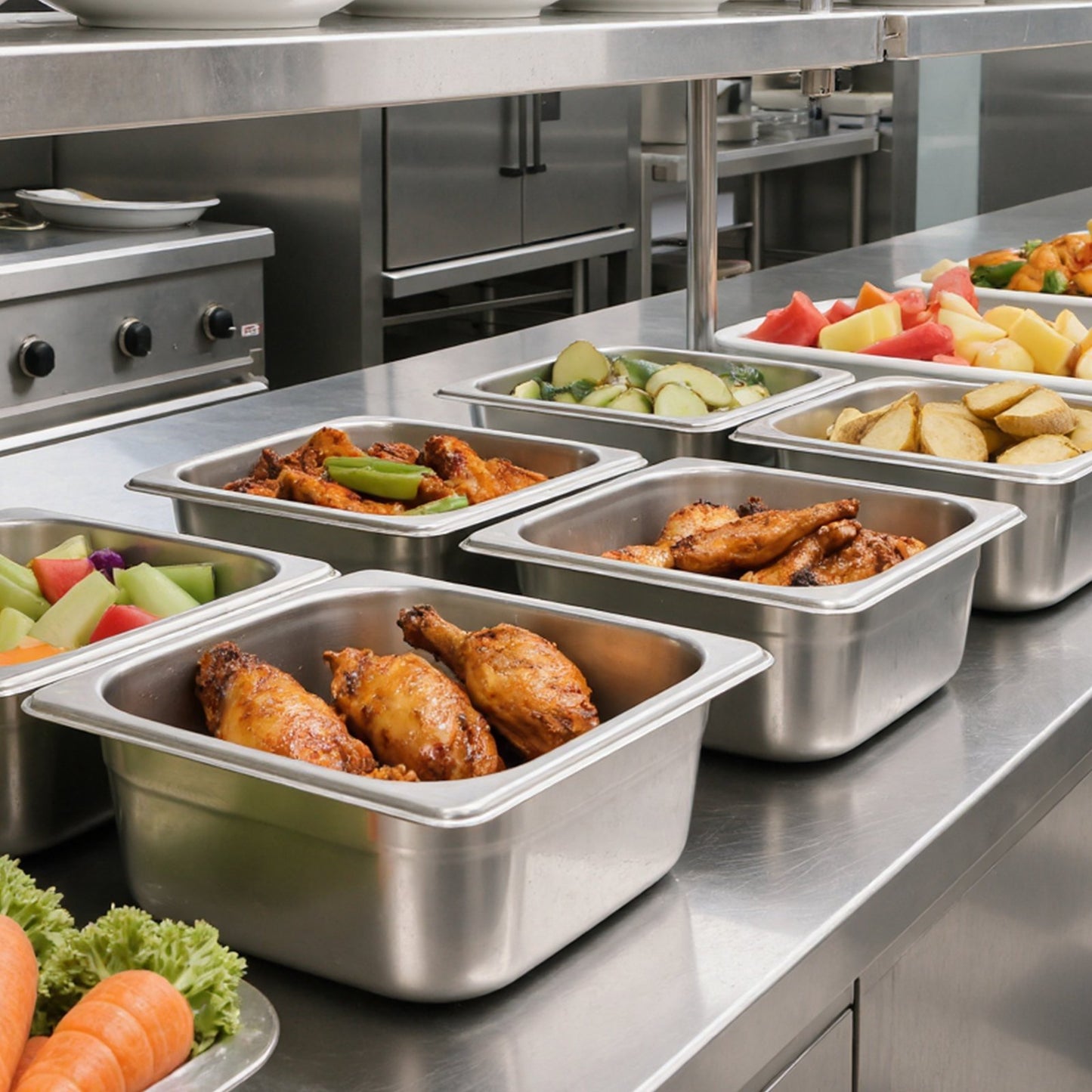 Stainless Steam Hotel Pans, 1/6 Size x 100mm Deep, 1.7L Table Steam Pan, Anti Jam Restaurant Supplies Reusable Rustproof Catering Storage for Home, Party, Restaurant, Hotel, Buffet, 6 Pack