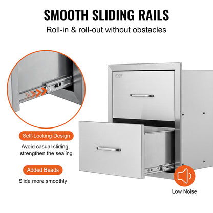 Outdoor Kitchen Drawers 18W x 20.6H x 12.7D Inch, Flush Mount Double BBQ Drawers Stainless Steel with Handle, BBQ Island Drawers for Outdoor Kitchens or Patio Grill Station