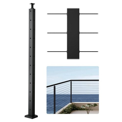 Cable Railing Post, 42x1x2 Inch Corner Railing Post, with L-Shaped Pre-Drilled Holes, Stainless Steel Cable Rail Post with Horizontal and Curved Bracket, 1-Pack, Black, 1JZLGZXHS10607YXO001V0