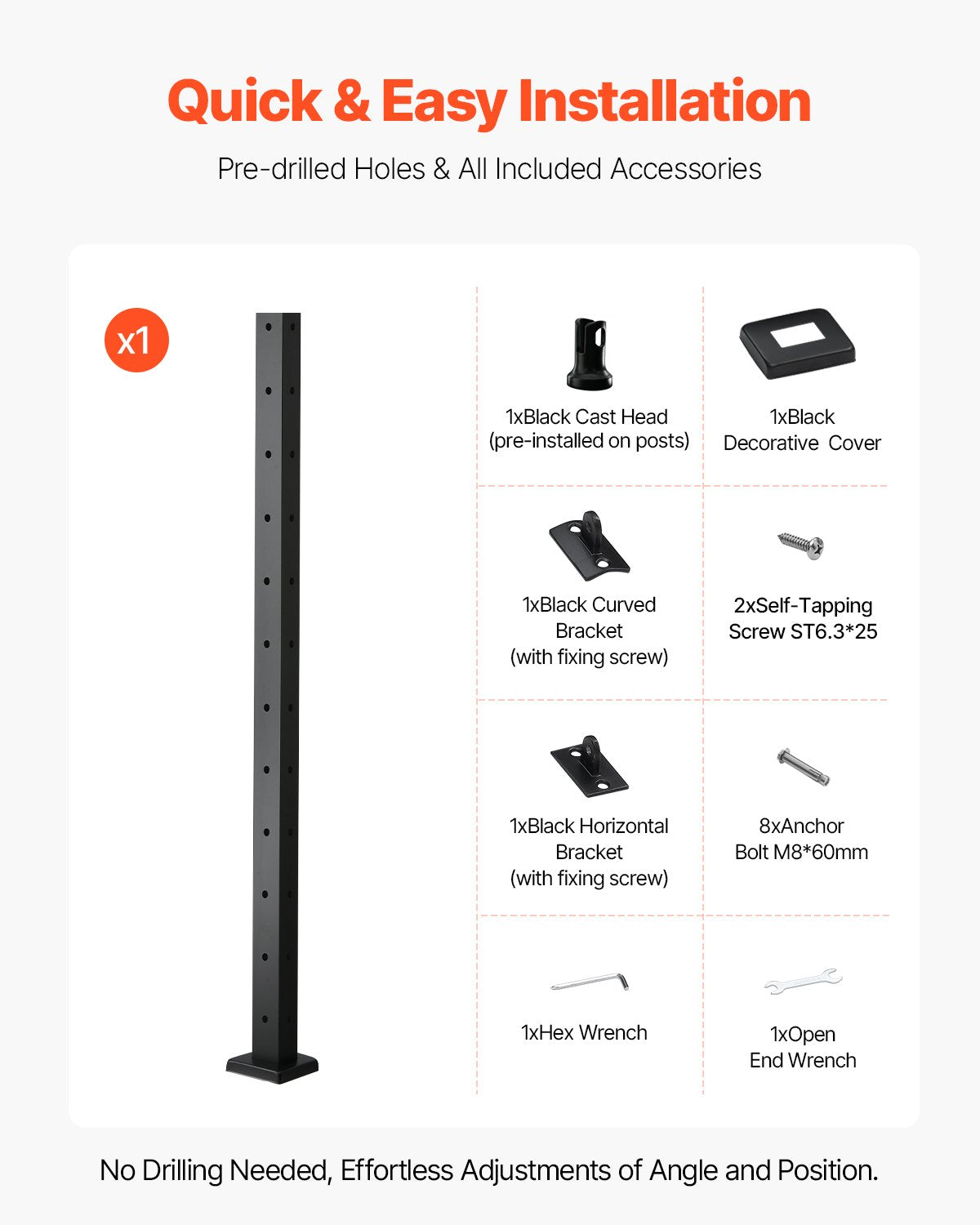 Cable Railing Post, 42x1x2 Inch Corner Railing Post, with L-Shaped Pre-Drilled Holes, Stainless Steel Cable Rail Post with Horizontal and Curved Bracket, 1-Pack, Black, 1JZLGZXHS10607YXO001V0