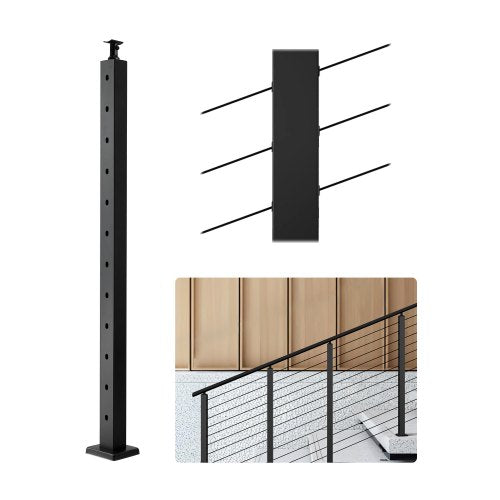 Cable Railing Post, 42x1x2 Inch Stair Railing Post, with Pre-Drilled 30° Angled Holes, Stainless Steel Cable Rail Post with Horizontal and Curved Bracket, 1-Pack, Black, 1JZLGZXHS106VRA3X001V0