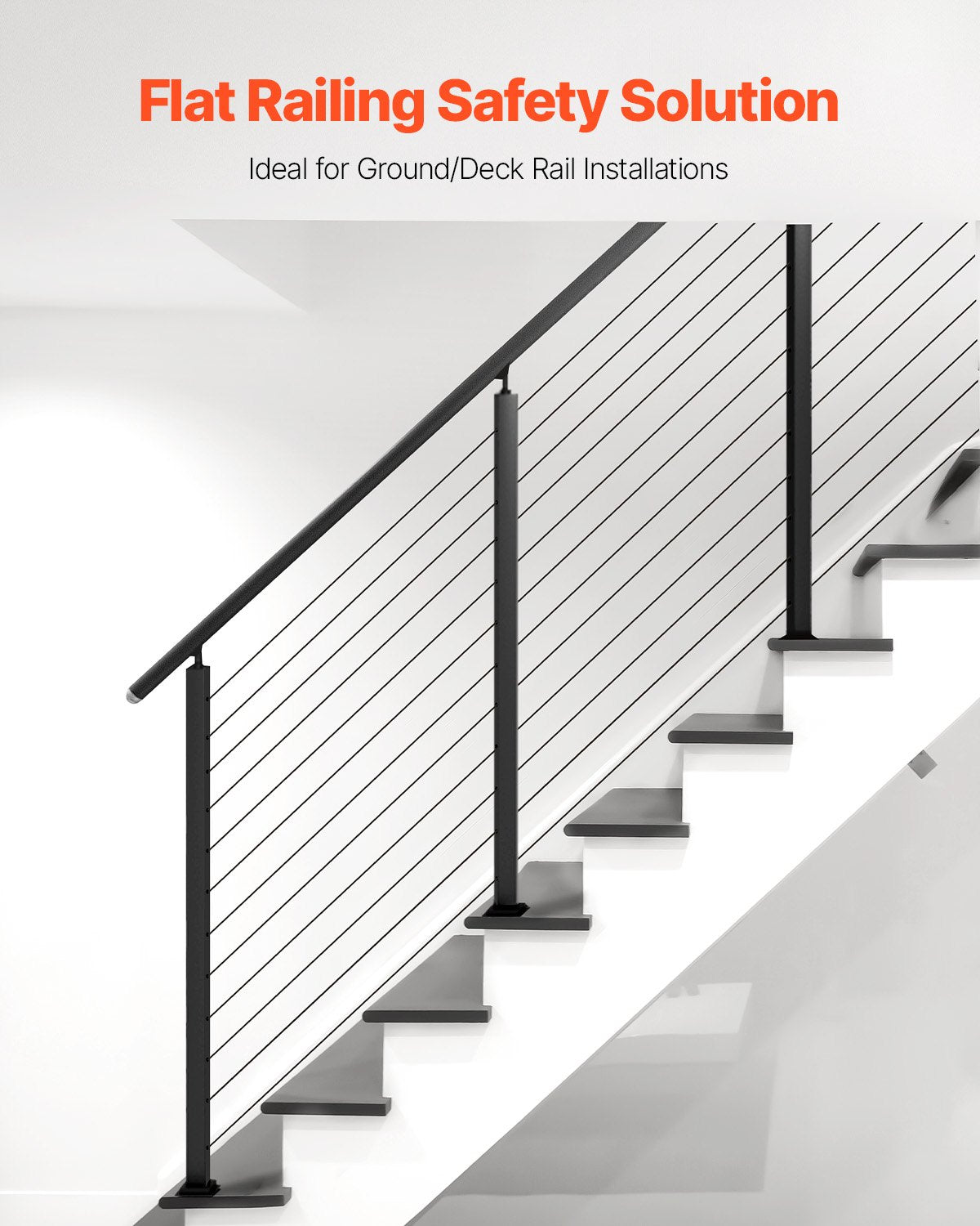 Cable Railing Post, 42x1x2 Inch Stair Railing Post, with Pre-Drilled 30° Angled Holes, Stainless Steel Cable Rail Post with Horizontal and Curved Bracket, 1-Pack, Black, 1JZLGZXHS106VRA3X001V0