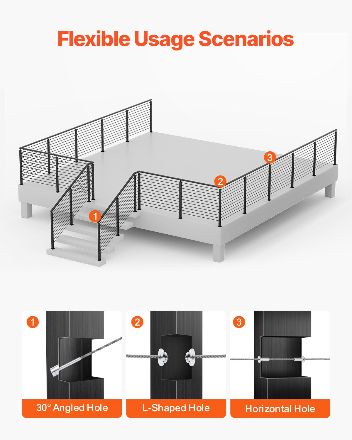 Cable Railing Post, 42x1x2 Inch Stair Railing Post, with Pre-Drilled 30° Angled Holes, Stainless Steel Cable Rail Post with Horizontal and Curved Bracket, 1-Pack, Black, 1JZLGZXHS106VRA3X001V0