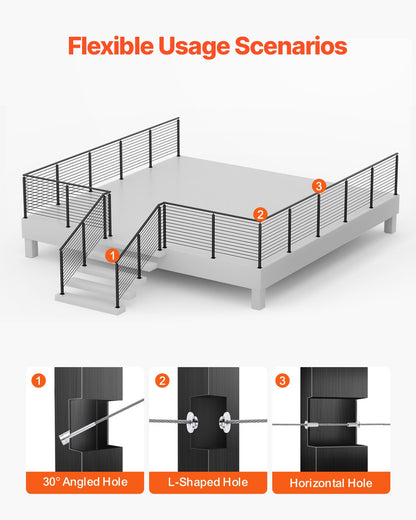 Kabelräckesstolpe, 42x2x2 tum trappräckesstolpe, med förborrade 30° vinklade hål, kabelräckesstolpe i rostfritt stål med horisontellt och böjt fäste, 1-pack, svart, 1JZLGZXHS106W3XAA001V0