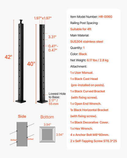 Kabelräckesstolpe, 42x2x2 tum trappräckesstolpe, med förborrade 30° vinklade hål, kabelräckesstolpe i rostfritt stål med horisontellt och böjt fäste, 1-pack, svart, 1JZLGZXHS106W3XAA001V0