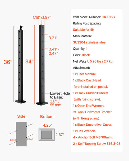 Cable Railing Post, 36x1x2 Inch Stair Railing Post, with Pre-Drilled 30° Angled Holes, Stainless Steel Cable Rail Post with Horizontal and Curved Bracket, 1-Pack, Black, 1JZLGZXHS91402OS1001V0