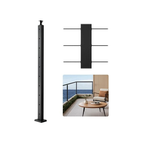 1-Pack Cable Railing Post, 36x2x2 In Horizontal-Hole Deck Railing Post with Pre-Drilled Holes, Stainless Steel Cable Rail Post with Horizontal and Curved Bracket, Black, 1JZLGZXHS9148RVYS001V0