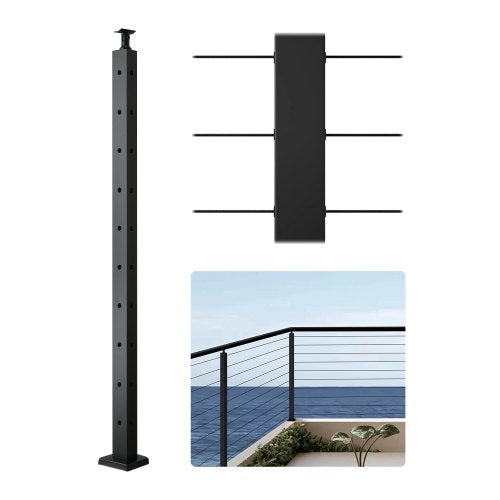 Cable Railing Post, 36x1x2 Inch Corner Railing Post, with L-Shaped Pre-Drilled Holes, Stainless Steel Cable Rail Post with Horizontal and Curved Bracket, 1-Pack, Black, 1JZLGZXHS914IVCFL001V0
