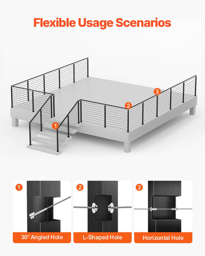 Cable Railing Post, 36x2x2 Inch Stair Railing Post, with Pre-Drilled 30° Angled Holes, Stainless Steel Cable Rail Post with Horizontal and Curved Bracket, 1-Pack, Black, 1JZLGZXHS914YIVIS001V0