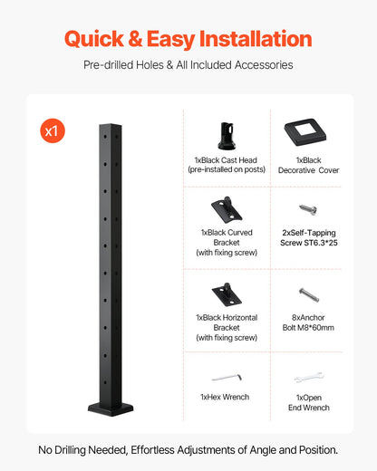 Cable Railing Post, 914.4 x 50.8 x 50.8 mm Corner Railing Post, with L-Shaped Pre-Drilled Holes, Stainless Steel with Horizontal and Curved Bracket, 1-Pack, Black, 1JZLGZXHS914ZPBNY001V0