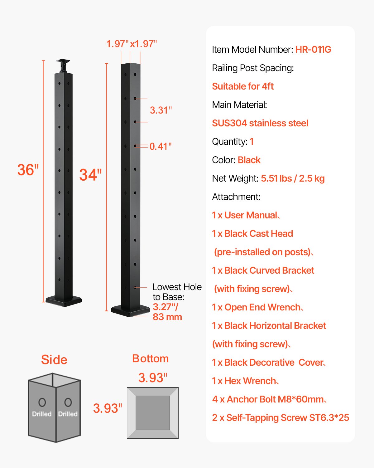 Cable Railing Post, 914.4 x 50.8 x 50.8 mm Corner Railing Post, with L-Shaped Pre-Drilled Holes, Stainless Steel with Horizontal and Curved Bracket, 1-Pack, Black, 1JZLGZXHS914ZPBNY001V0