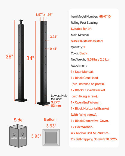 Cable Railing Post, 914.4 x 50.8 x 50.8 mm Corner Railing Post, with L-Shaped Pre-Drilled Holes, Stainless Steel with Horizontal and Curved Bracket, 1-Pack, Black, 1JZLGZXHS914ZPBNY001V0