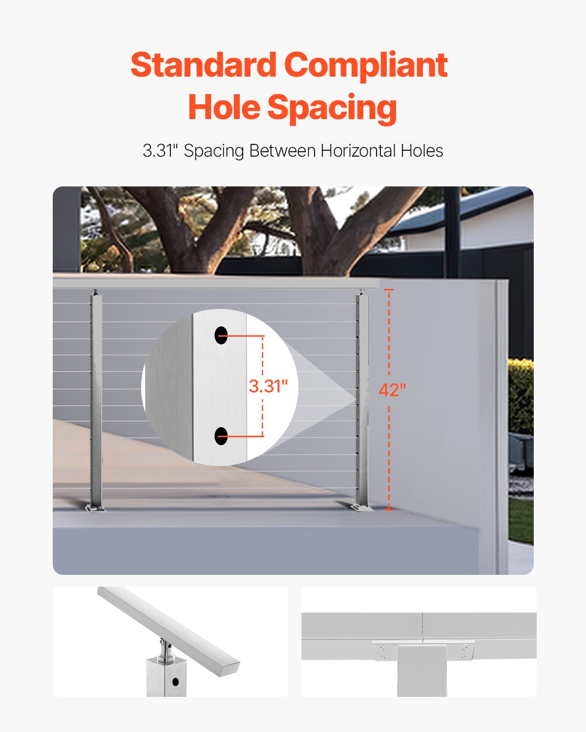 Cable Railing Post, 42x2x2 Inch Level Deck Stair Posts, 1-Pack Stainless Steel Cable Handrail Post, Pre-Drilled Pickets with Mounting Bracket Stair Railing Kit, Silver, 1JZLGZXYS1061EF8W001V0