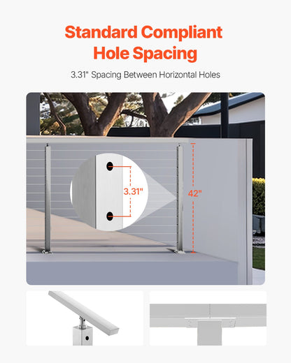 Cable Railing Post, 42x2x2 Inch Level Deck Stair Posts, 1-Pack Stainless Steel Cable Handrail Post, Pre-Drilled Pickets with Mounting Bracket Stair Railing Kit, Silver, 1JZLGZXYS1061EF8W001V0