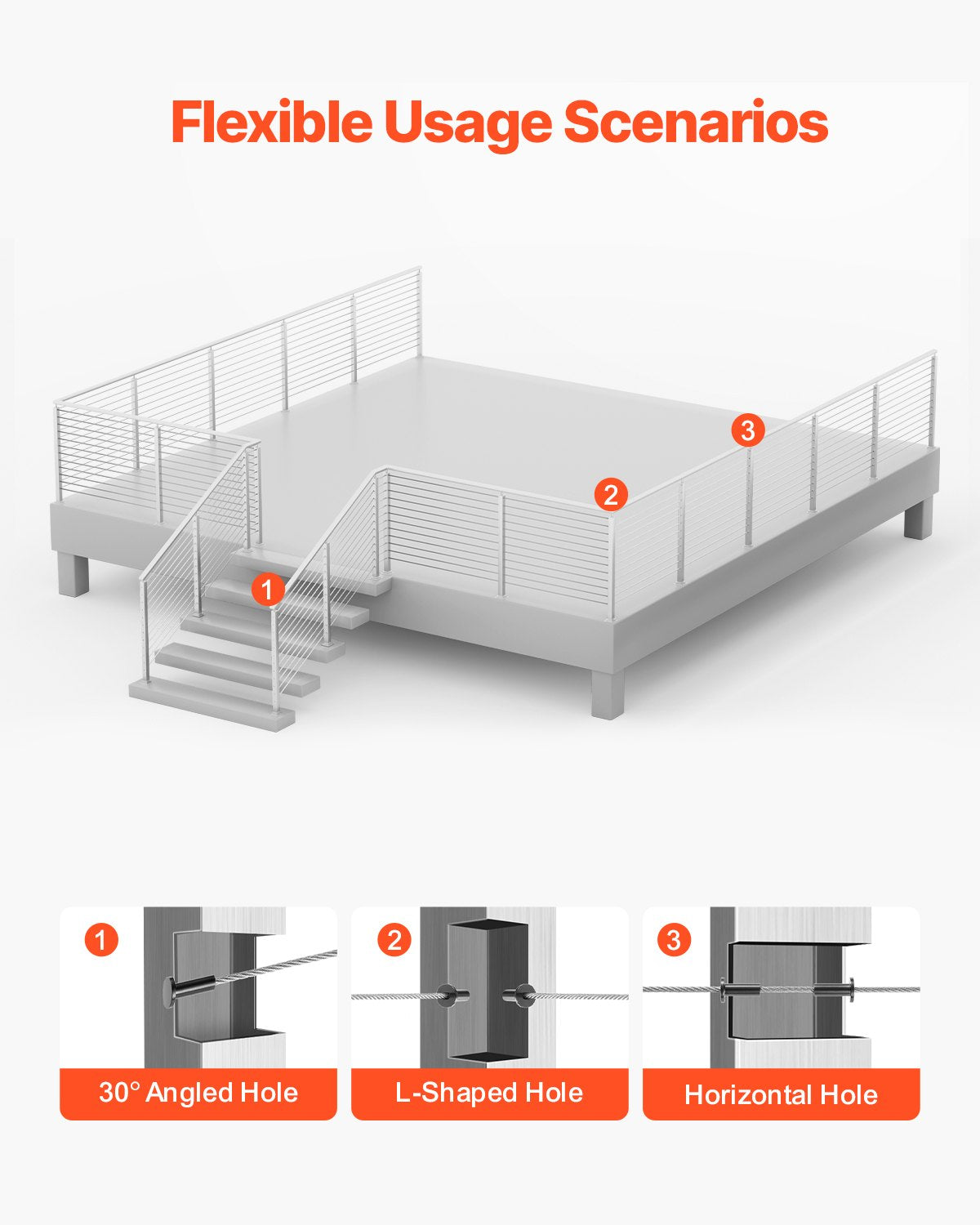 Cable Railing Post, 42x2x2 Inch Level Deck Stair Posts, 1-Pack Stainless Steel Cable Handrail Post, Pre-Drilled Pickets with Mounting Bracket Stair Railing Kit, Silver, 1JZLGZXYS1061EF8W001V0
