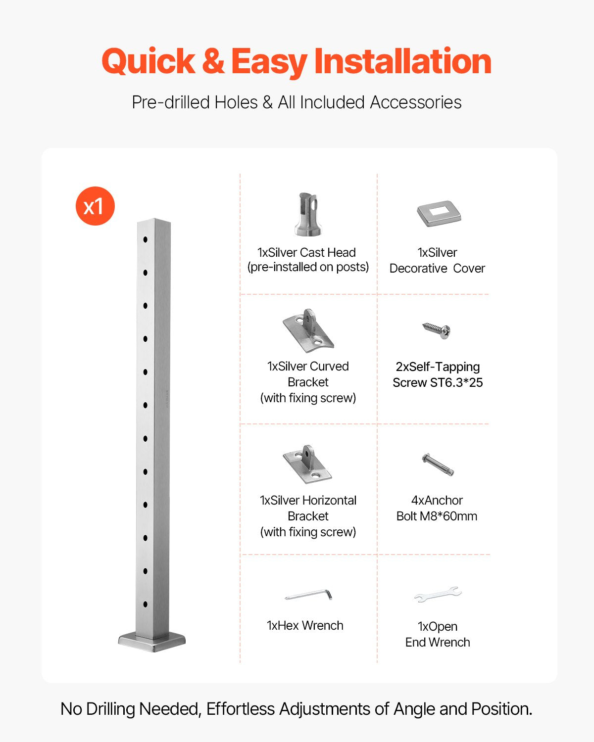 Cable Railing Post, 42x2x2 Inch Level Deck Stair Posts, 1-Pack Stainless Steel Cable Handrail Post, Pre-Drilled Pickets with Mounting Bracket Stair Railing Kit, Silver, 1JZLGZXYS1061EF8W001V0