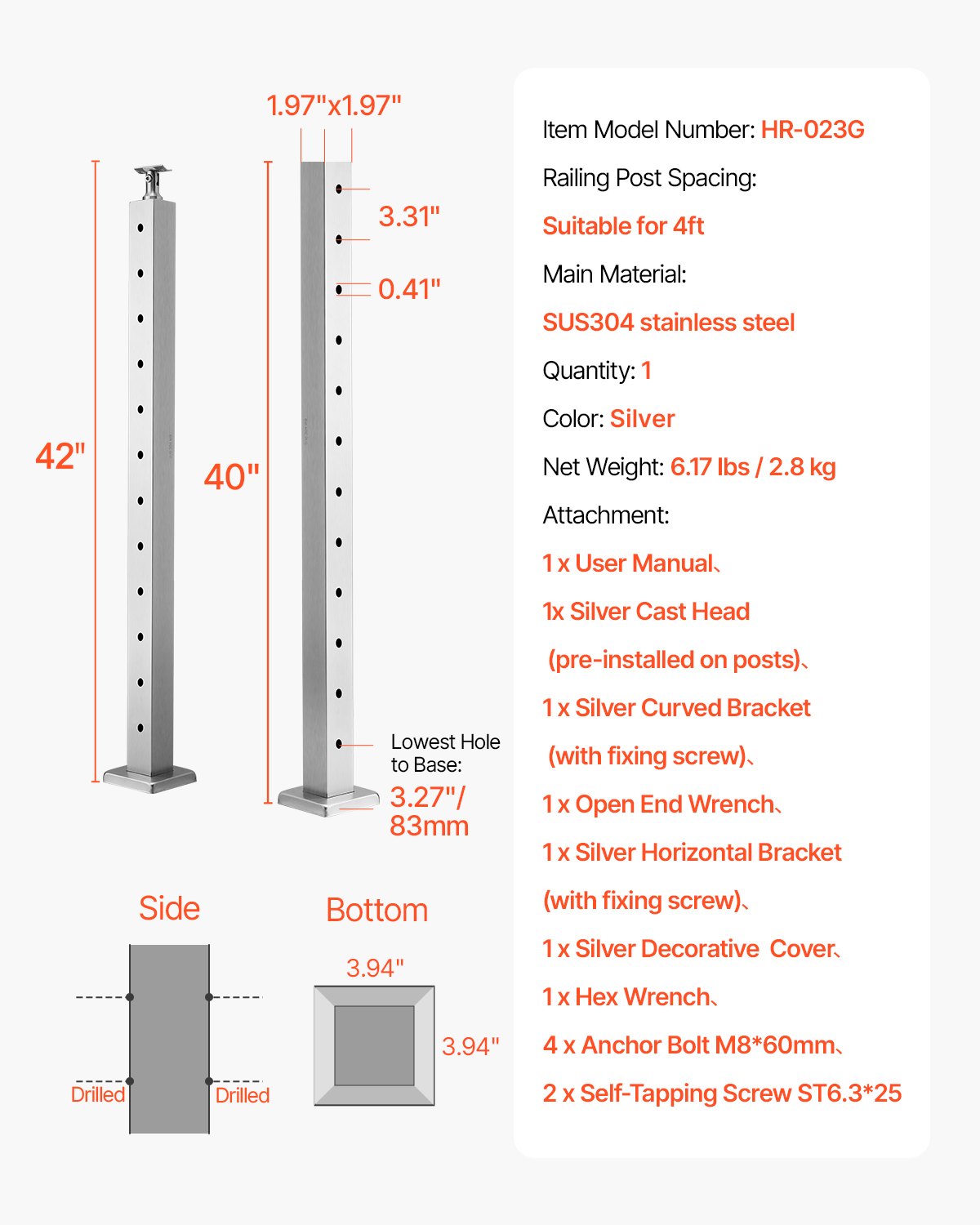 Cable Railing Post, 42x2x2 Inch Level Deck Stair Posts, 1-Pack Stainless Steel Cable Handrail Post, Pre-Drilled Pickets with Mounting Bracket Stair Railing Kit, Silver, 1JZLGZXYS1061EF8W001V0