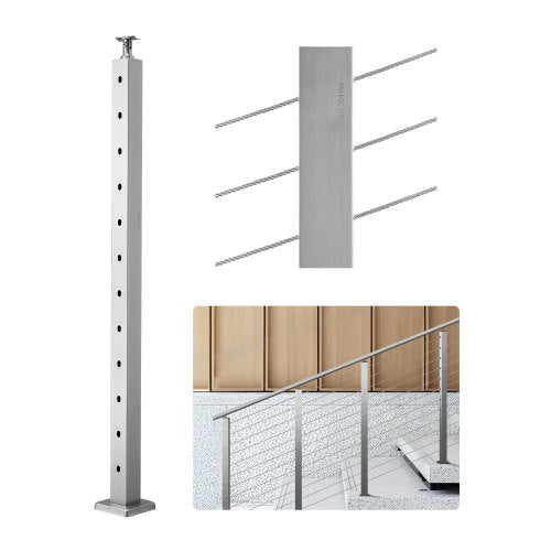 Cable Railing Post, 42x2x2 Inch Stair Railing Post, with Pre-Drilled 30° Angled Holes, Stainless Steel Cable Rail Post with Horizontal and Curved Bracket, 1-Pack, Silver, 1JZLGZXYS1062TLWC001V0
