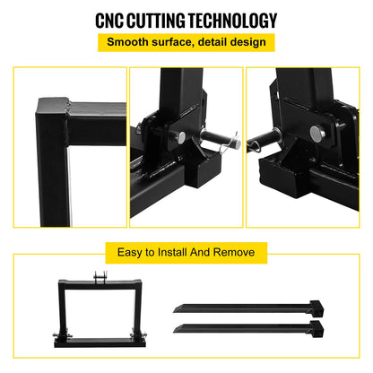 3 Point Hitch Pallet Fork 907.2 kg, Fork Attachment for Category 1 Tractor, 64.8x55.9x104.1 cm, Steel Tractor Heavy Equipment Attachment, for Tractor, Skid Steer Loader
