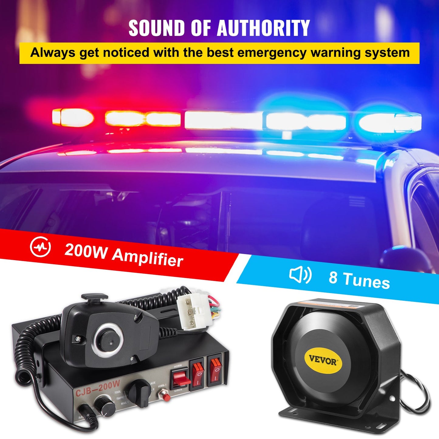 Siren Bundle 8 Tones Emergency Warning Siren, 200W, with PA Speaker MIC System Vehicle Siren Box Fit for Police, Ambulance, Fire Fighting and Engineer Vehicles