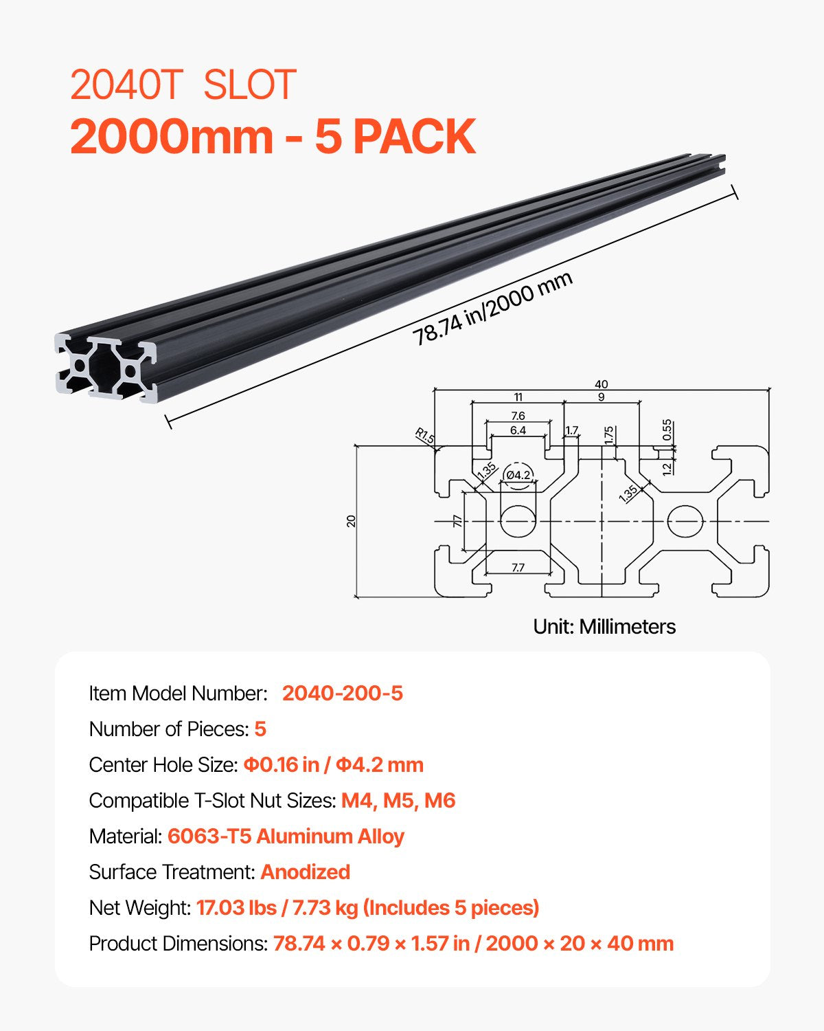 5PCS 78.7 in (2000mm) T Slot 2040 Aluminum Extrusion Profile, European Standard Anodized Linear Rail, High-Strength Extruded Aluminum Rail for 3D Printer, CNC Machine DIY, Laser Engraving, Black
