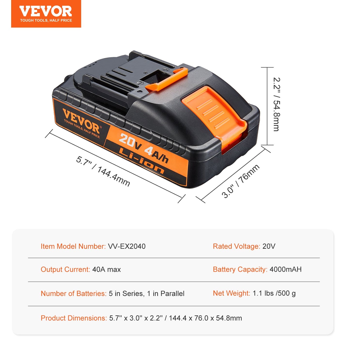 20V 4.0Ah Lithium-Ion Battery - High-Capacity Replacement Battery Pack for Power Tools Batteries, Compatible with 20V Cordless Power Tools