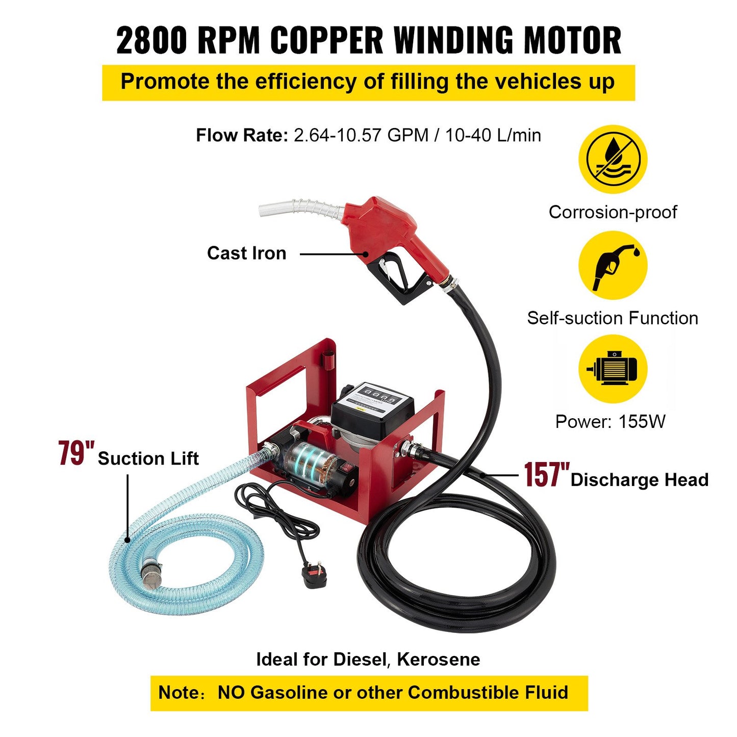 40 L Diesel Pump, Heating Oil Pump, 300 W Self-Priming Oil Pump, Oil Suction Pump, Self-Priming, Diesel Fuel Transfer Pump, Counter Automatic Pump