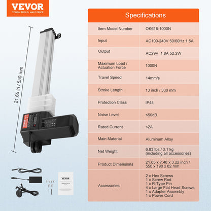 24V Linear Actuator Kit 33 cm 1.4 cm/s 99.8 kg/1000N with IP44 Protection