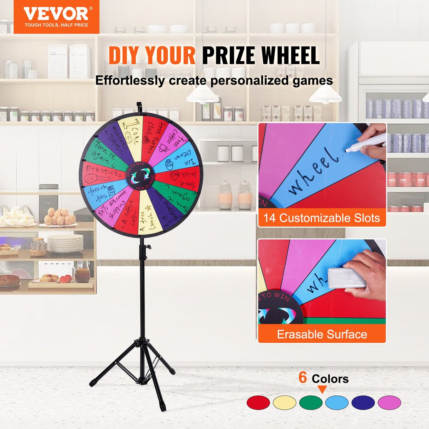 24” Color Prize Wheel Tripod Floor Stand Color Prize Wheel 14 Slots Dry Ease Fortune Spinner Fortune Spinning Game
