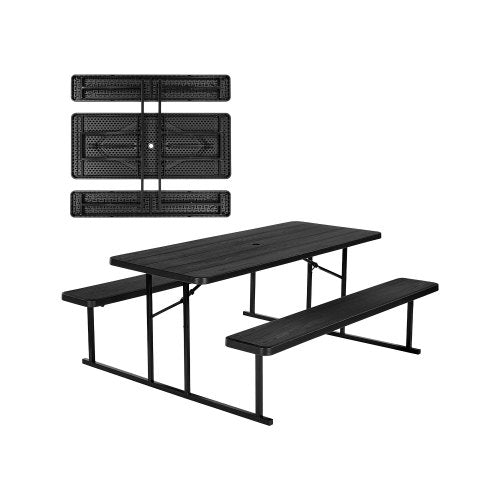 Foldable Picnic Table, 6 FT Folding Picnic Tables with Benches, Steel Outdoor Bench Set with Umbrella Hole, Large Outside Dining Table for Patio Garden Yard Poolside (Black)