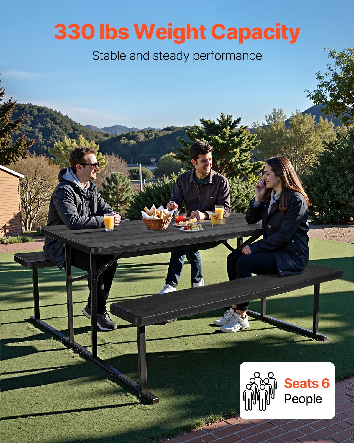 Foldable Picnic Table, 6 FT Folding Picnic Tables with Benches, Steel Outdoor Bench Set with Umbrella Hole, Large Outside Dining Table for Patio Garden Yard Poolside (Black)
