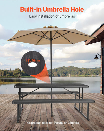 Foldable Picnic Table, 6 FT Folding Picnic Tables with Benches, Steel Outdoor Bench Set with Umbrella Hole, Large Outside Dining Table for Patio Garden Yard Poolside (Black)
