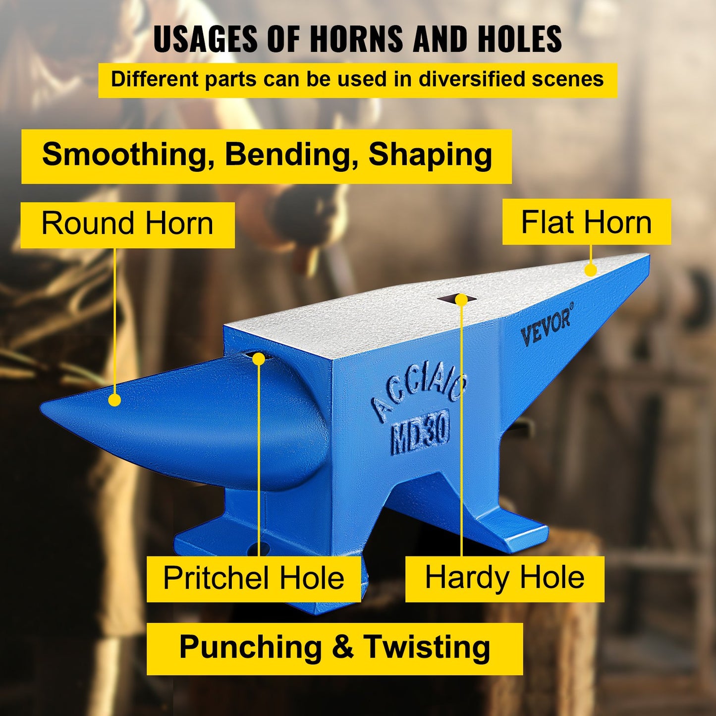 Mophorn Horn Anvil, Steel Anvil Blacksmith Weight 30KG/66.1LBS, Blacksmith Anvil Steel Anvil Round Horn Metal Work Steel Anvil Blacksmith Hardy Hole