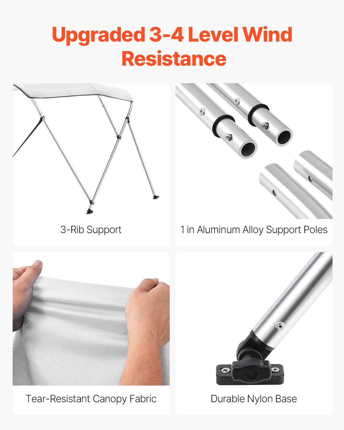 3 Bow Boat Bimini Tops, 600D Polyester Canopy with Aluminum Alloy Frame, Waterproof & Sun Shade Boat Awning Canopy with Storage Bag, 2 Support Poles, 4 Straps, 6'Lx(54"-60")Wx46"H, Light Grey