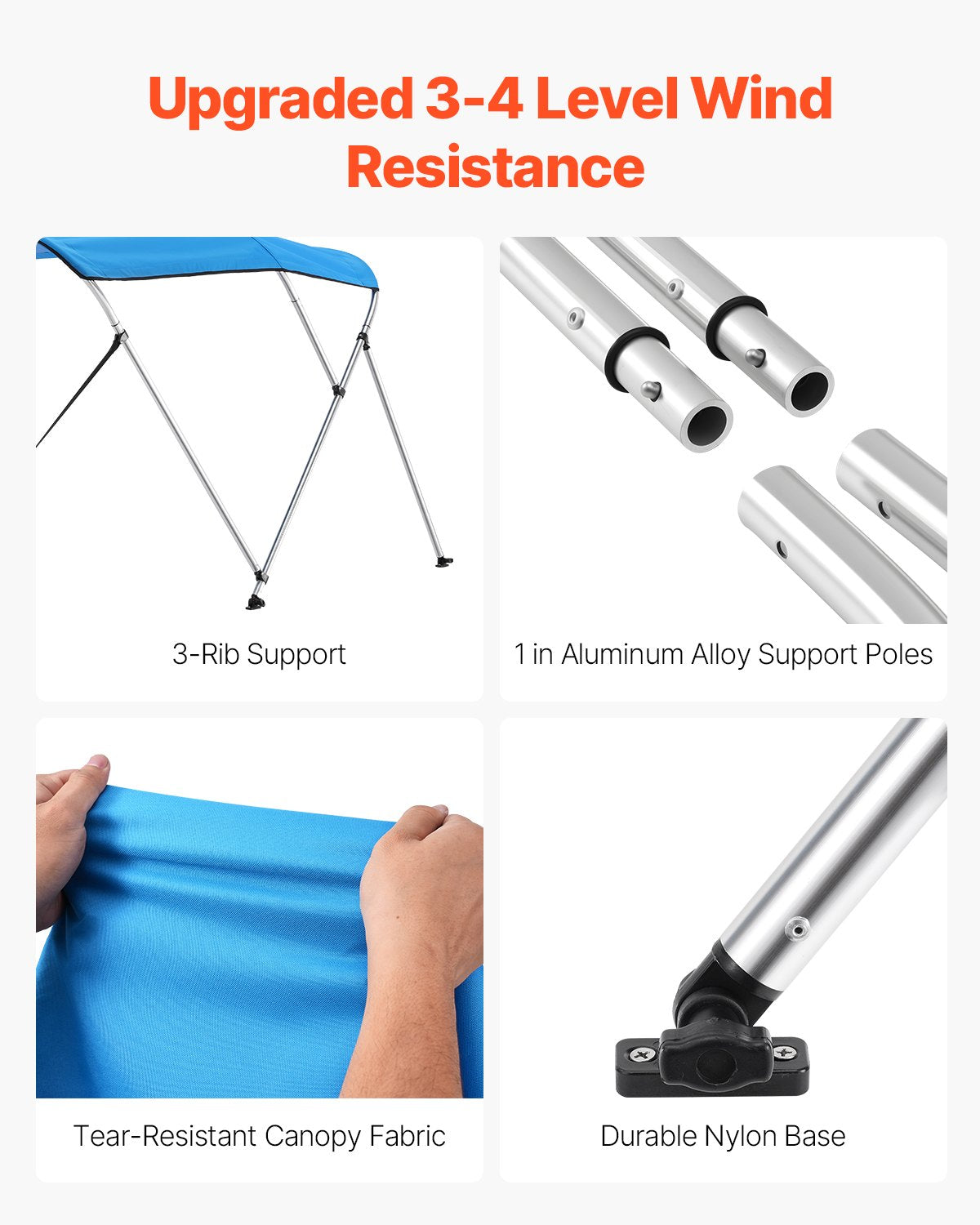 3 Bow Boat Bimini Top, 600D Polyester Canopy with Aluminum Alloy Frame, Waterproof & Sun Shade Boat Awning Canopy with Storage Bag, 2 Support Poles, 4 Straps, 72"Lx(73"-78")Wx46"H, Pacific Blue