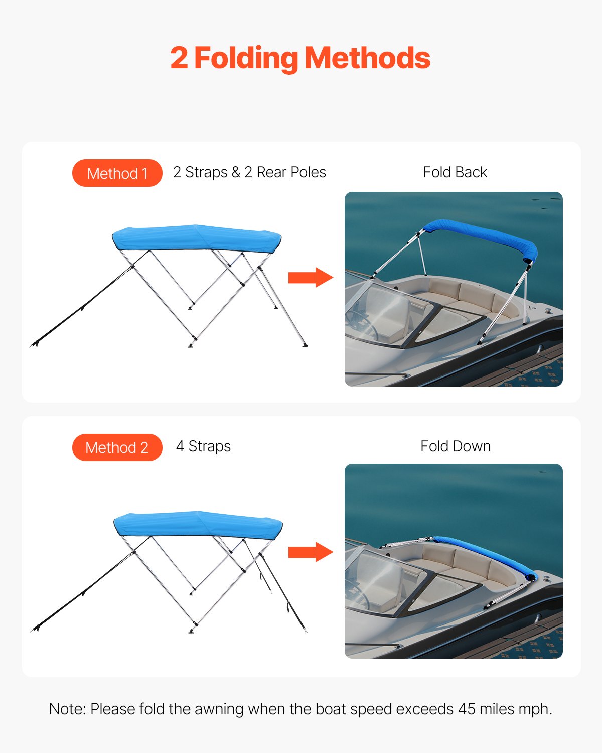 3 Bow Boat Bimini Top, 600D Polyester Canopy with Aluminum Alloy Frame, Waterproof & Sun Shade Boat Awning Canopy with Storage Bag, 2 Support Poles, 4 Straps, 72"Lx(73"-78")Wx46"H, Pacific Blue