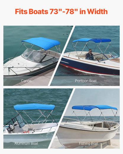 3 Bow Boat Bimini Top, 600D Polyester Canopy with Aluminum Alloy Frame, Waterproof & Sun Shade Boat Awning Canopy with Storage Bag, 2 Support Poles, 4 Straps, 72"Lx(73"-78")Wx46"H, Pacific Blue