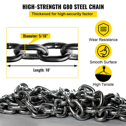 10ft Lifting Chain Sling, 5/16 inch Hanging Lift Chain, 11000lbs Capacity G80 Alloy Steel Engine Chain Hoist Lifts Heavyy Duty 5 Ton with 4 Leg Grab Hooks and Adjuster