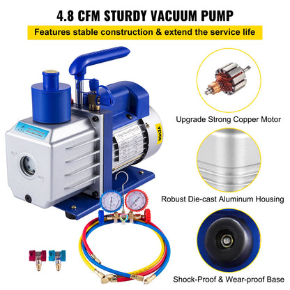 Vakuumpumpsats HVAC Enstegs AC-vakuumpump 283 L/min (4.8CFM) 246W (1/3HP) Luftvakuumpump med 3-ventils A/C-grenrörsmätare Kylmedel Luftkonditionering