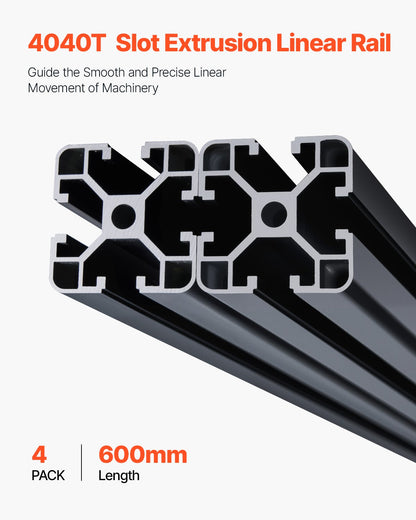 4PCS 23.6 in (600 mm) T Slot 4040 Aluminum Extrusion Profile, European Standard Anodized Linear Rail, High-Strength Extruded Aluminum Rail for 3D Printer, CNC Machine DIY, Laser Engraving, Black
