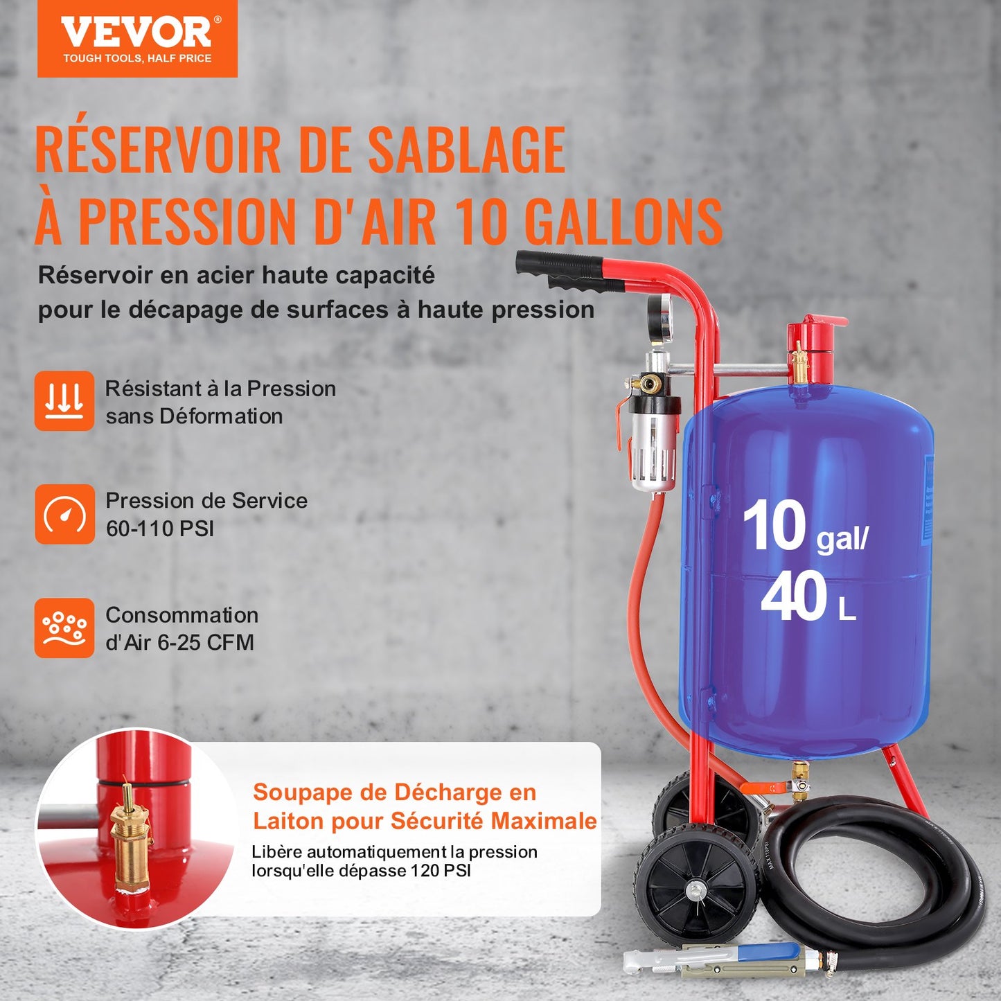 10Gal/40L sandbläster utrustad med munstyckets avstängningsventil, tryckmätare, keramiskt munstycke, 2,5m slang, påfyllningstratt, vattenlås, 6" gummihjul, sandbläster med gruskraft, bärbar sandblästringsutrustning