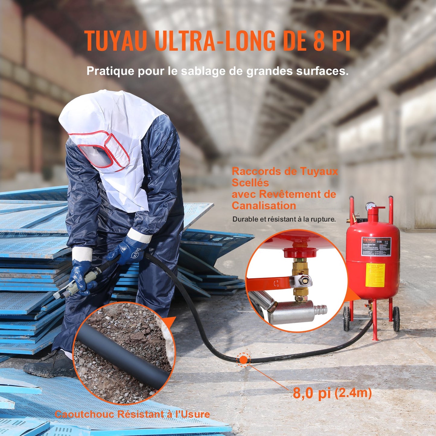 10Gal/40L sandbläster utrustad med munstyckets avstängningsventil, tryckmätare, keramiskt munstycke, 2,5m slang, påfyllningstratt, vattenlås, 6" gummihjul, sandbläster med gruskraft, bärbar sandblästringsutrustning