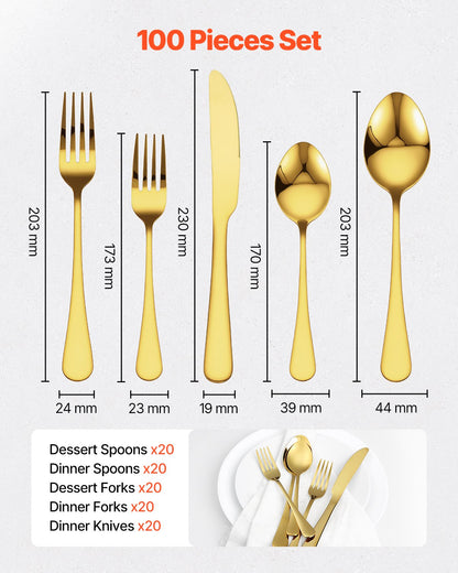 100-Piece Gold Silverware Set, Food-Grade Stainless Steel Flatware Utensils for 20, Mirror Finished Cutlery Set, Dishwasher Safe Eating Tableware for Kitchen Home, Include Knife Fork Spoon