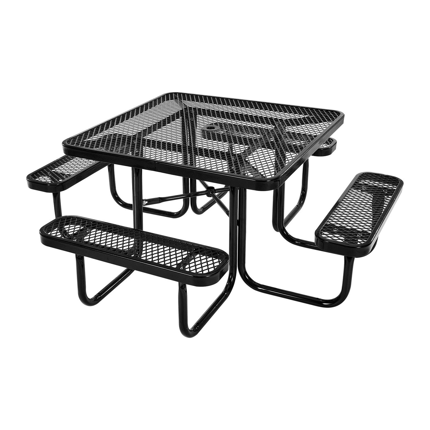 Picnic Table, Outdoor Weather Resistant Patio Dining Furniture Set, Heavy Duty Coated Steel Tables with Umbrella Hole, 45.7 in Square Table and Bench Set, for Garden, Backyard, Porch, Black