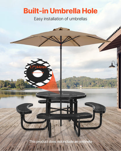 Heavy-Duty Picnic Table, Outdoor Furniture Weather Resistant Patio Dining Set, Coated Steel Tables with Umbrella Hole, 46" Round Table and Bench Set, for Garden, Backyard, Porch (Black)