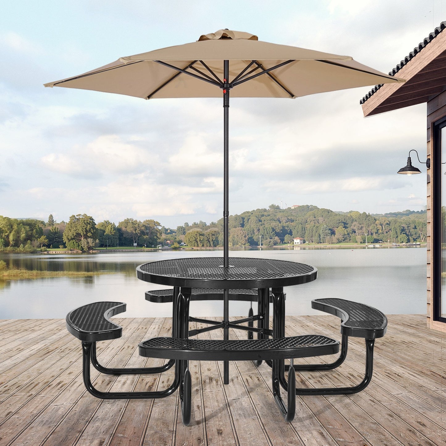 Heavy-Duty Picnic Table, Outdoor Furniture Weather Resistant Patio Dining Set, Coated Steel Tables with Umbrella Hole, 46" Round Table and Bench Set, for Garden, Backyard, Porch (Black)