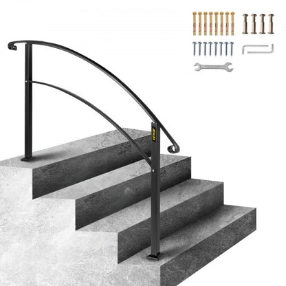 4-Step Handrail Fits 1 or 4 Steps Matte Black Stair Rail Wrought Iron Handrail with Installation Kit Hand Rails for Outdoor Steps