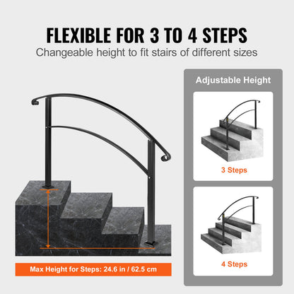 4-Step Handrail Fits 1 or 4 Steps Matte Black Stair Rail Wrought Iron Handrail with Installation Kit Hand Rails for Outdoor Steps