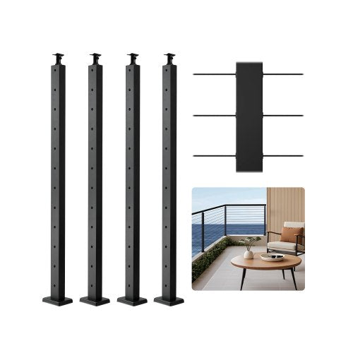 4-Pack Cable Railing Post, 42x1x2 In Horizontal-Hole Deck Railing Post with Pre-Drilled Holes, Stainless Steel Cable Rail Post with Horizontal and Curved Bracket, Black, 4JZLGZXHS106REP67001V0