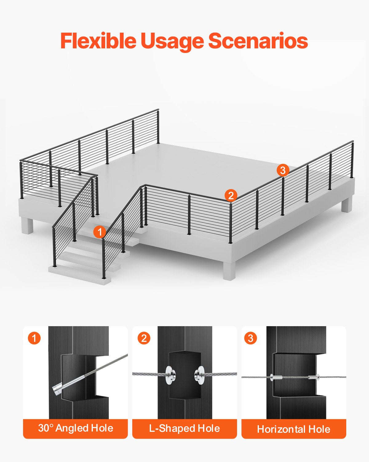 4-Pack Cable Railing Post, 42x1x2 In Horizontal-Hole Deck Railing Post with Pre-Drilled Holes, Stainless Steel Cable Rail Post with Horizontal and Curved Bracket, Black, 4JZLGZXHS106REP67001V0
